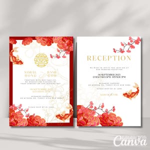 Asian Wedding Invitation Template Ceremony + Reception Editable Koi Fish Chinese Vietnamese Oriental Red Gold Card Invite Double Happiness