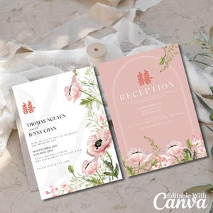 Minimalist Asian Theme Wedding Invitation Template Ceremony + Reception Editable Double Happiness Chinese Vietnamese Card Invite Signage
