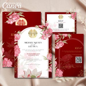Paquete de plantillas de invitación de boda asiática, código QR, RSVP, editables, bricolaje, Canva, chino, vietnamita, rojo, dorado, cartel de doble felicidad