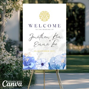 Blue Floral Asian Wedding Welcome Sign: Chinese Vietnamese Tea Ceremony Double Happiness Signage (Digital Download)