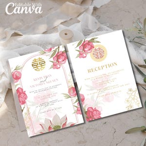 Pink and Gold Peony Asian Wedding Invitation Template: Chinese Vietnamese Double Happiness Card (Digital Download)