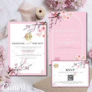Kersenbloesem Chinese huwelijksuitnodiging Sjablonen bundel QR-code RSVP bewerkbare DIY Canva Vietnamese Aziatische uitnodigingskaart Dubbel geluk