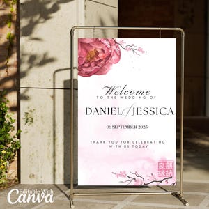 Asian Wedding Welcome Sign Template DIY Editable Canva Chinese Vietnamese Tea Ceremony Double Happiness Red Pink Gold Wedding Signage Board