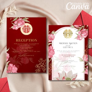 Red and Gold Peony Asian Wedding Invitation Template: Floral Double Happiness Chinese Vietnamese Card (Instant Download)