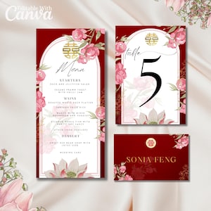 Pacote de modelos de convites de casamento asiáticos, número de mesa, cardápio de casamento, cartão de lugar, felicidade dupla, moderno, chinês, vietnamita, conjunto de sinalização, convite