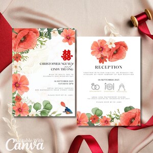 Minimalistisch Aziatisch thema bruiloft uitnodigingssjabloon Ceremonie + receptie bewerkbare DIY Canva Chinees Vietnamees Japanse kaart uitnodigen bewegwijzering