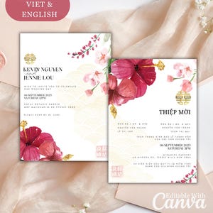 Plantilla minimalista de invitación de boda vietnamita, diseño floral bilingüe Thiep Cuoi, tarjeta asiática oriental, letrero "Doble felicidad".