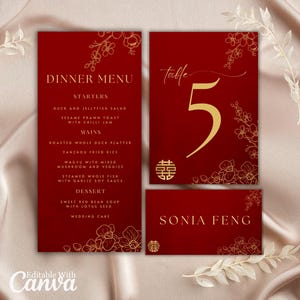 Asiatische Hochzeitseinladung Vorlage Bündel Tischnummer Menü Platzkarte Rot Gold Doppel Glück Moderne Chinesische Vietnamesische Set Beschilderung Einladen