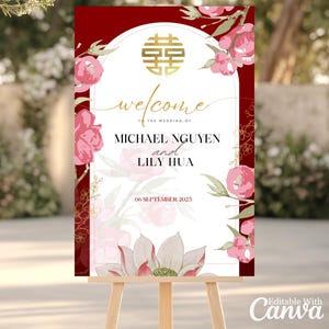 Modello fai da te per cartello di benvenuto per matrimonio asiatico, modificabile su tela, cerimonia del tè cinese vietnamita, doppia felicità, cartellone per matrimonio rosso, rosa e oro