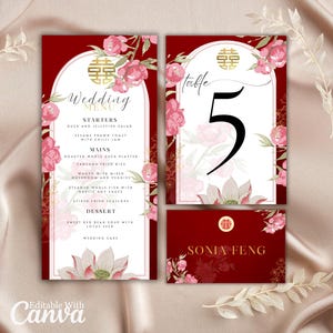 Paquete de plantillas de invitación de boda asiática, número de mesa, menú de boda, tarjeta de ubicación, doble felicidad, conjunto moderno chino vietnamita, señalización de invitación