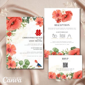 Modello di invito per matrimonio a tema asiatico minimalista, codice QR RSVP, doppia felicità, cinese, vietnamita, floreale, cartellonistica, rosso