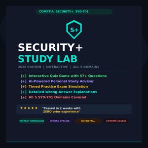May include: A dark blue graphic with the text "COMPTIA SECURITY+ SY0-701" at the top. The image features the words "SECURITY+ STUDY LAB" in large white letters, along with bullet points listing features like interactive quizzes and exam simulations. The text "2026 EDITION" is also visible.