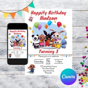 Invito di compleanno modificabile Bing Bunny, modello da scaricare, download digitale, Bing, invito di compleanno, Canva, compleanno bambino, compleanno bambina, festa