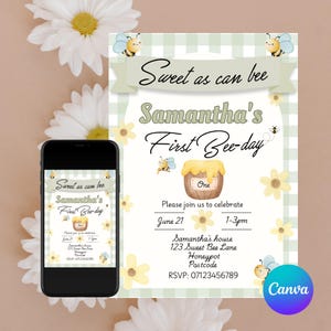 Editable Sweet As Can Bee First Bee-day Invitation, First Birthday Invitation, Honey Bee 1st Birthday Invite, Bumble Bee Invite, Spring, 1st
