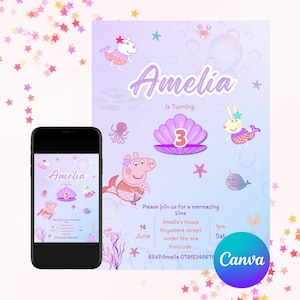 Bearbeitbare Peppa Pig Meerjungfrau Party Einladung, Geburtstagseinladung, Peppa Pig, Suzie Schafe, Rebecca Rabbit, unter dem Meeresthema