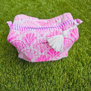 Pink Sea Shell Hand Block Printed Cotton Quilted Makeup Bag: Travel Cosmetic Organizer