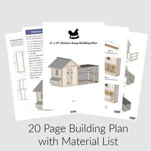 Puede incluir: Un plano de construcci&oacute;n de 20 p&aacute;ginas para un gallinero de 6' x 17' con una lista de materiales. El plano incluye diagramas detallados e instrucciones para construir el gallinero, que cuenta con un nido, perchas y una puerta.