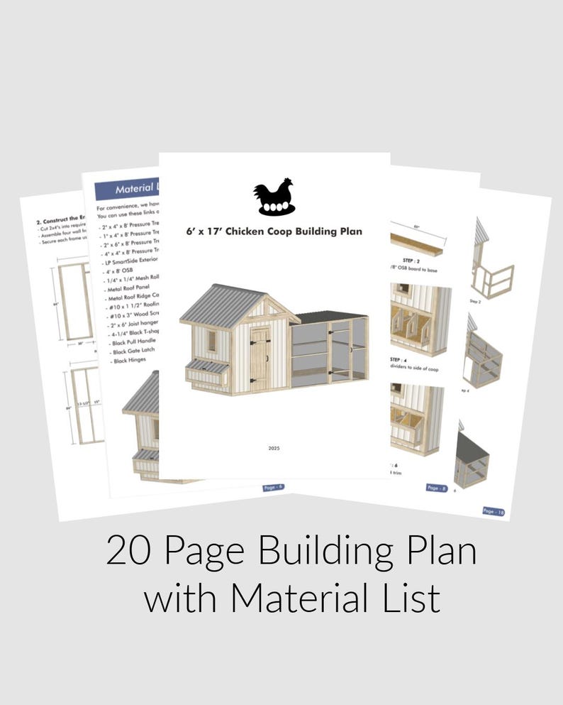 Puede incluir: Un plano de construcci&oacute;n de 20 p&aacute;ginas para un gallinero de 6' x 17' con una lista de materiales. El plano incluye diagramas detallados e instrucciones para construir el gallinero, que cuenta con un nido, perchas y una puerta.