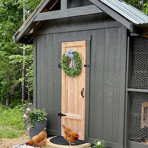 Puede incluir: Un gallinero de madera gris con una puerta de madera y una corona verde. Dos gallinas marrones est&aacute;n frente al gallinero.
