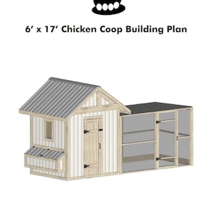 Puede incluir: Un plano de construcci&oacute;n de un gallinero de 1,83 m x 5,18 m con un gallinero de madera blanco y marr&oacute;n y un corral de alambre gris. El gallinero tiene un techo a dos aguas y una peque&ntilde;a ventana. El corral tiene una puerta y una caja de anidaci&oacute;n.