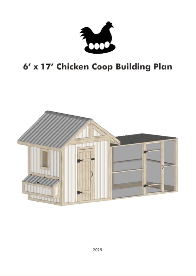 Puede incluir: Un plano de construcci&oacute;n de un gallinero de 1,83 m x 5,18 m con un gallinero de madera blanco y marr&oacute;n y un corral de alambre gris. El gallinero tiene un techo a dos aguas y una peque&ntilde;a ventana. El corral tiene una puerta y una caja de anidaci&oacute;n.