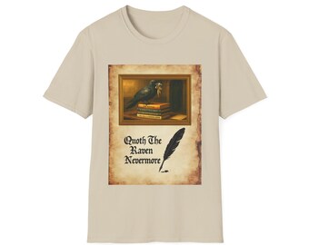May include: Beige t-shirt featuring a framed image of a raven perched on books, holding a key. Below the image is a quill and the text "Quoth The Raven Nevermore".