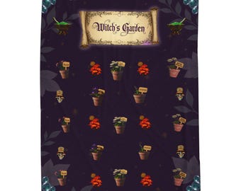 Witchy Plüschdecke mit Giftpflanzen, Pilzen und Sternen, mystischer Samtüberwurf für Hexerei, Fantasy und Halloween Dekoration