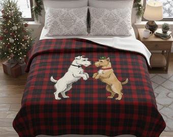 Buffalo Plaid Christmas Fleece Blanket with Terriers | Cozy Winter Throw, Dog Lovers Holiday Decor, Soft Arctic Fleece