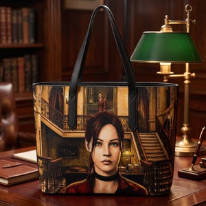 May include: A black tote bag featuring a printed illustration of a person with dark hair and a black choker, set against a background of a grand interior with a staircase and a second figure in a red uniform standing on a landing above.