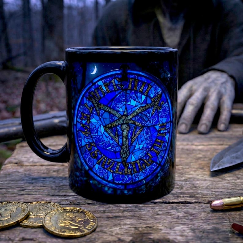 Resident Evil 4 Blue Medallion Mug, Just Shoot Me Coffee Cup, RE4 Gamer Mug, Leon Kennedy Gift, Survival Horror Fan Gift, Funny Gamer Mug image 1