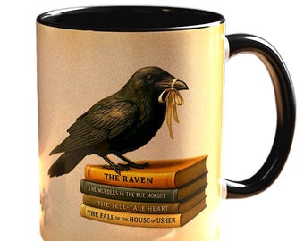 Poe Raven Becher, Gothic Kaffeebecher mit Silenced Raven Design, Edgar Allan Poe Geschenk für Buchliebhaber, Halloween, Dark Academia Aesthetic