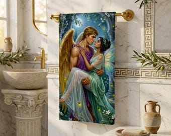 Eros and Psyche Hand Towel | Greek Mythology Bathroom Decor | Romantic Goddess Art Towel | Moonlit Garden Gift | Mythology Home Decor