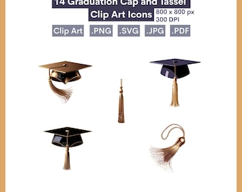 Graduierung Clip Art Icons, 14 Abschlusskappe und Goldquaste, .png, .svg .jpg .pdf, vektorisierte Bilder, sofortiger digitaler Download
