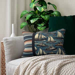 Vintage Ship Lumbar Pillow - Coastal Reversible Stripe Cushion