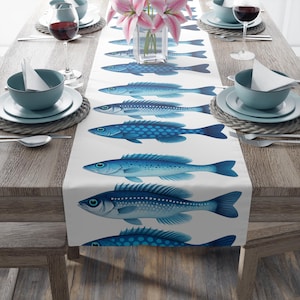 Blue and White Fish Table Runner - Nautical Summer Decor for Beach Parties, Coastal Dining, foourth of July or Birthday Celebrations