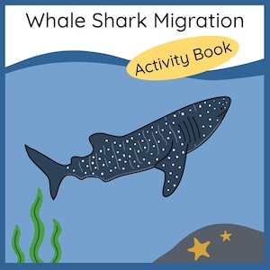 Puede incluir: Un libro de actividades ilustrado titulado "Whale Shark Migration" presenta un tiburón ballena azul oscuro con puntos blancos nadando en agua azul. La portada del libro incluye el texto "Activity Book" en un óvalo amarillo.