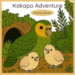 Puede incluir: Ilustración de la portada de un libro de actividades Kakapo Adventure. Muestra un gran loro verde con la cabeza amarilla y dos polluelos amarillos. El texto "Kakapo Adventure" y "Activity Book" se muestra en la parte superior.