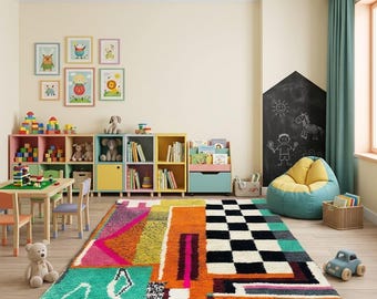 Colorful Moroccan Wool Rug: Handmade Checkerboard Shag Carpet