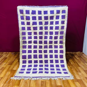 Purple & White Moroccan Rug - Handmade Berber Wool Carpet, Checkered Geometric Design, Boho Shag Area Rug for Living Room, Bedroom