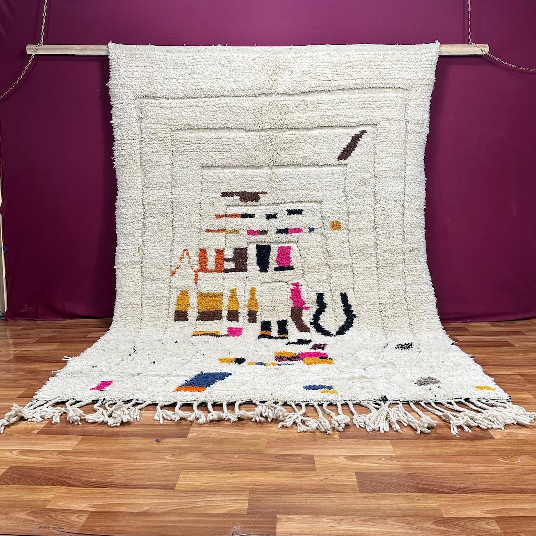 モロッコウールラグ：手織りのマルチカラー抽象デザイン - 柔らかくて