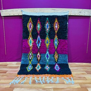 Colorful Hand-Knotted Moroccan Azilal Rug - Authentic Wool Shag with Diamond Patterns - Beni Ourain Style Floor Art