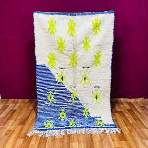 Handmade Abstract Beni Ourain Rug: Blue & Green Moroccan Berber Wool