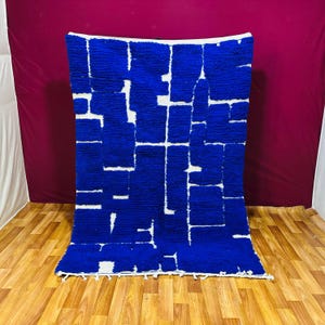 Authentic Beni Ourain Rug Blue  White Geometric Shag Handmade Berber Wool Tapis Marocain
