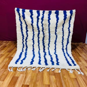 Handmade Blue and White Beni Ourain Rug: Moroccan Wool Shag Carpet