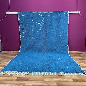 Solid Blue Moroccan Rug Handmade Wool Shag Carpet Minimalist Beni Ourain Style for Boho Decor