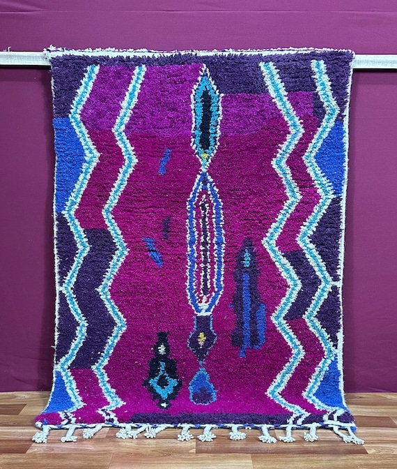 Vintage Style Rug Wool Purple Blue Boho Berber Carpet