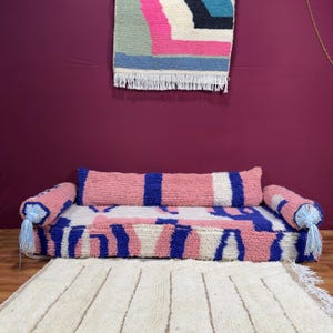 Moroccan Floor Couch Sofa with Hand-Embroidered Round Cushion Boho Accent Seating Authentic Berber Design
