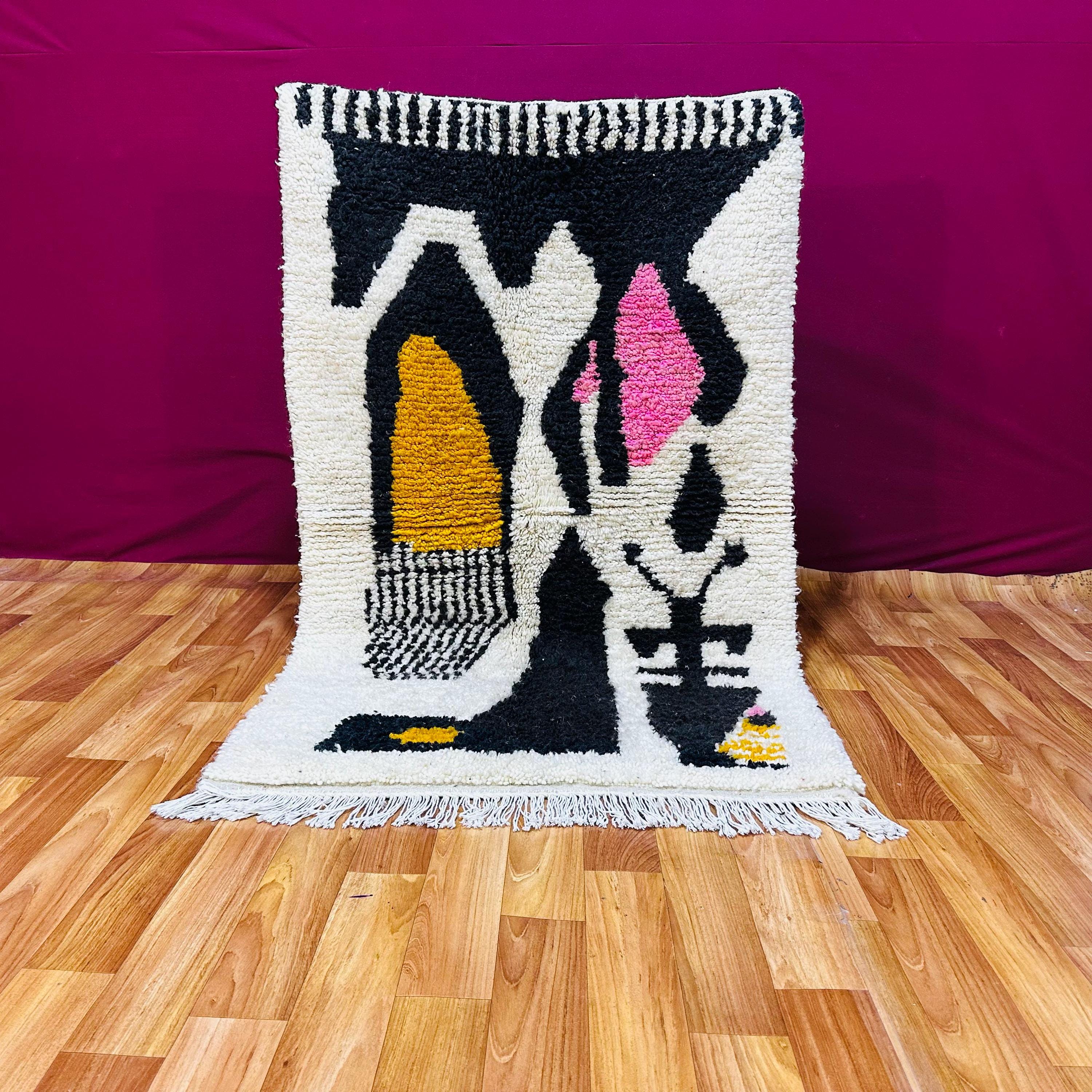 モロッコウールラグ：ハンドメイドの抽象的な模様 - マルチカラーの