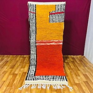 Handmade Berber Wool Runner Rug: Abstract Orange & Yellow Moroccan Carpet