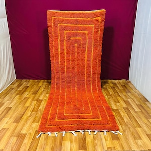 Handmade Orange Moroccan Rug Geometric Shag Area Carpet Plush Wool Beni Ourain for Living Room